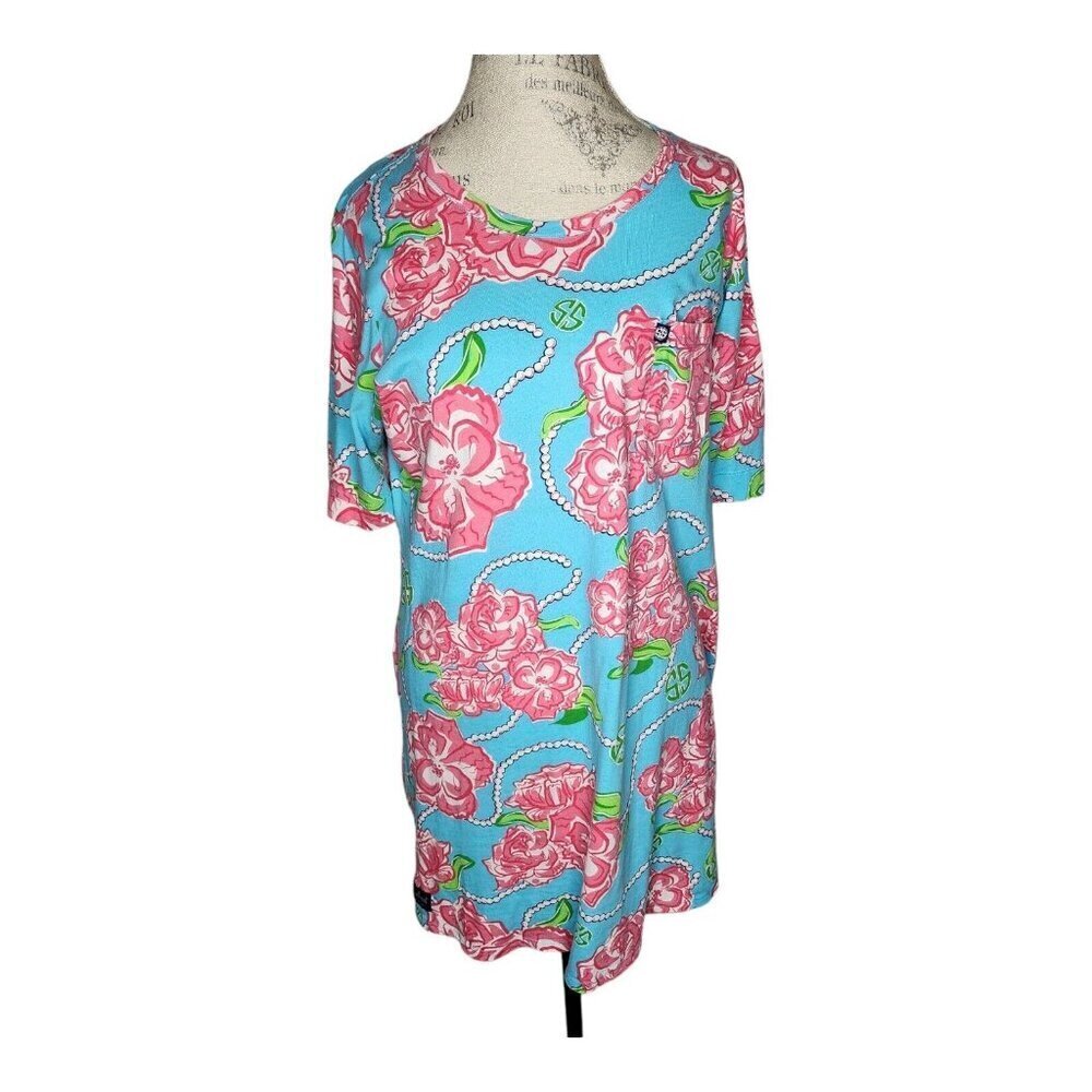 Simply Southern Dress Women XL Mini Blue Pink Floral Short Sleeve Cover Up